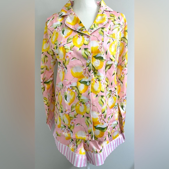 Womens L Pink w/ Yellow Lemon Print Long Sleeve Pajama Shorts Set Preppy Classic - Picture 2 of 16